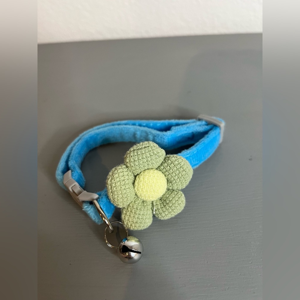Sky Blue Flower Cat Collar w/ Bell | Soft Velvet Adjustable Breakaway Kitten